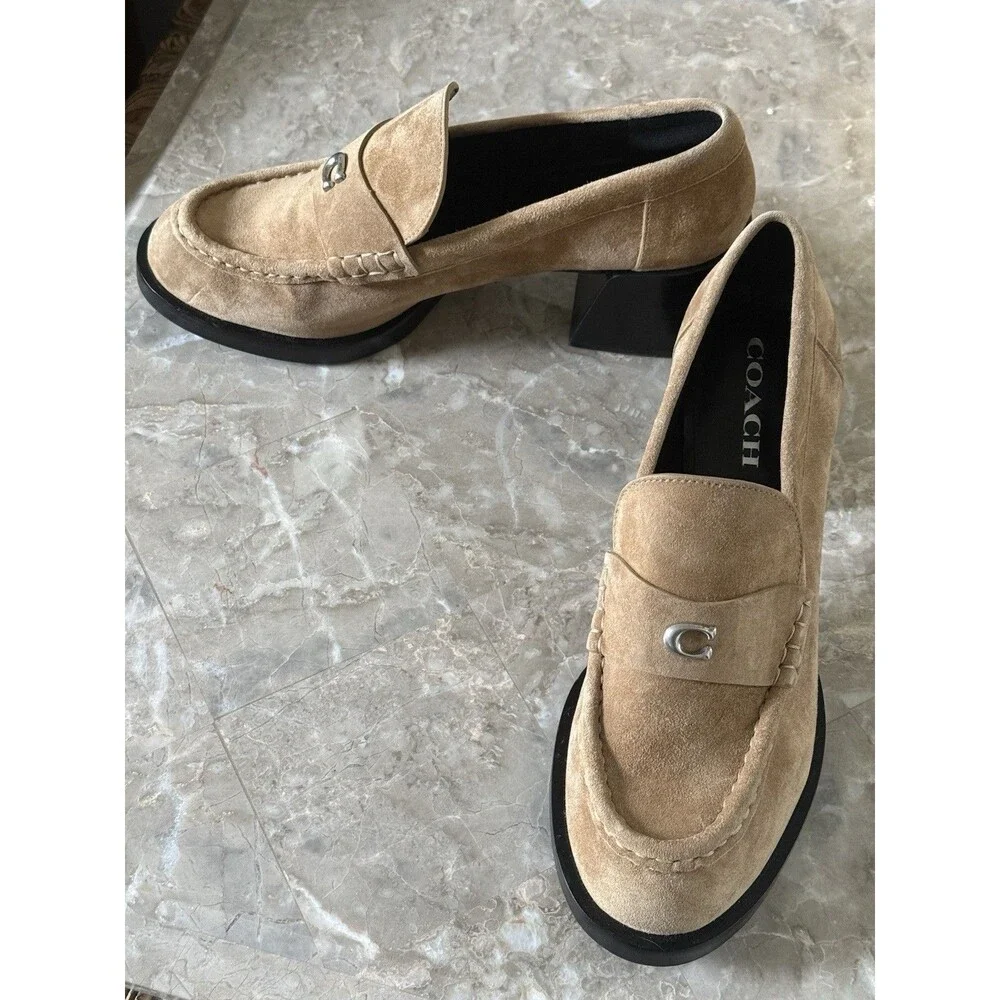 Coach CU227 Women’s 9B Tan Suede Heeled Loafers Sculpted C Chunky Heel